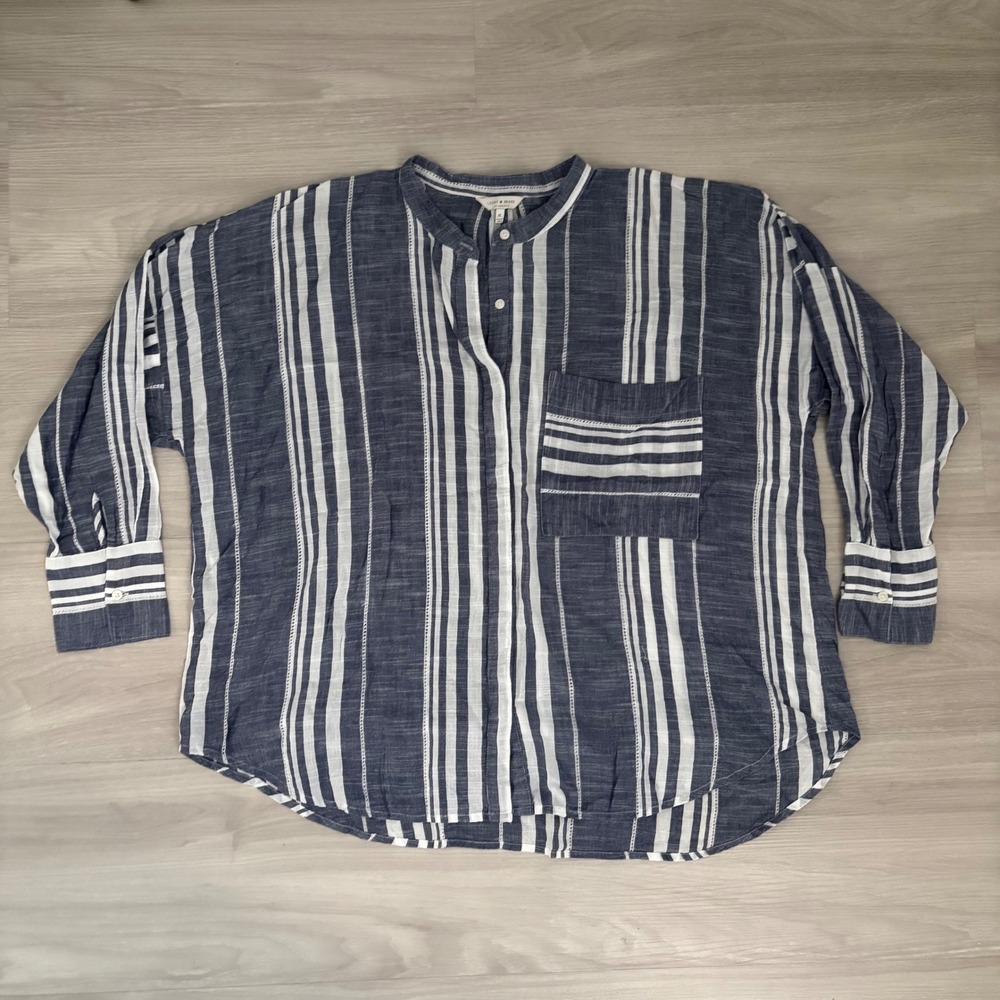 Lucky Brand Striped Linen Blend Button Up Shirt Women's XL Blue White Casual